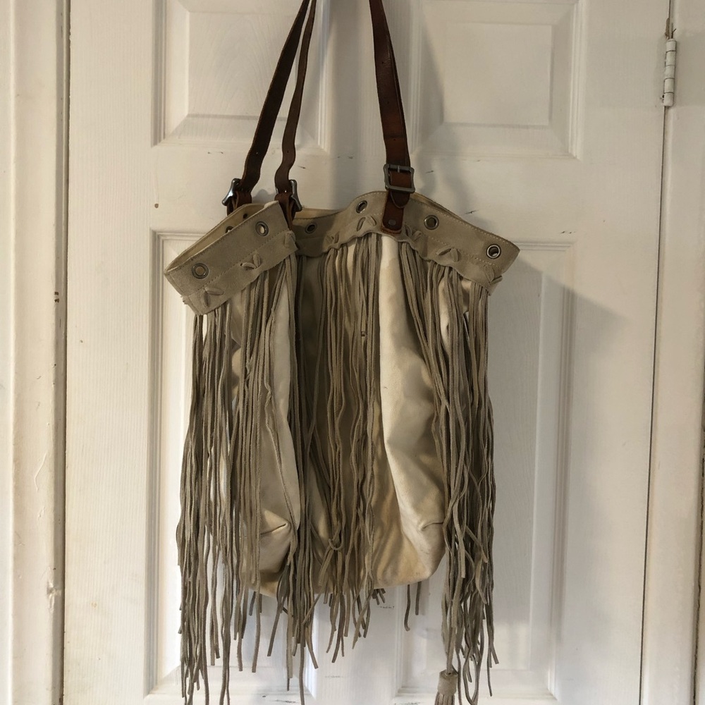 Ralph Lauren Canvas Tote w Grey Leather Fringe